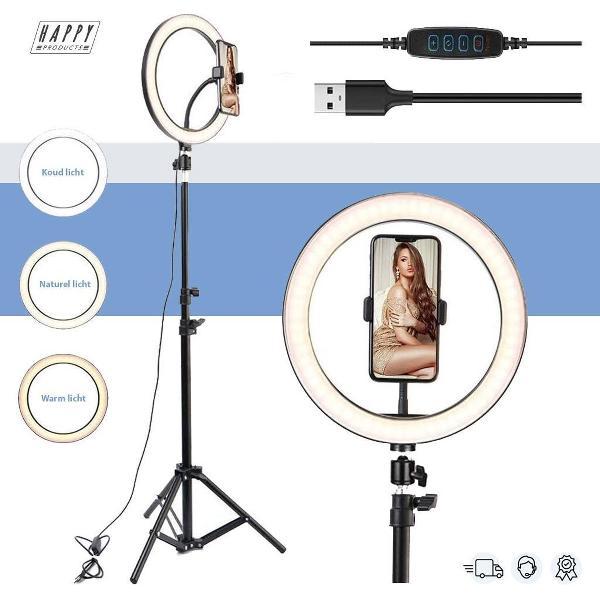 Happy products - Ringlamp met statief - Tiktok lamp voor smartphone - 215cm hoog - Verstelbaar - LED