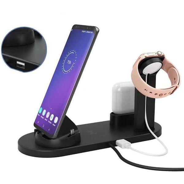 4 in 1 Draadlooze Oplaadstation - Wireless Oplader - Telefoon oplader - Apple Watch - Airpods - Iphone - I-pen - iPhone/Micro/Type-C - 360° Draaibaar - Overspanningsbeveiliging - Zwart