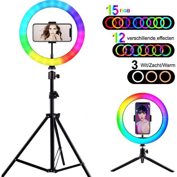Ringlamp met Statief - RGB Ringlamp - Ring lamp met Telefoon standaard - 12 inch/186 cm hoog - Instagram - TikTok lamp - Ringlampen
