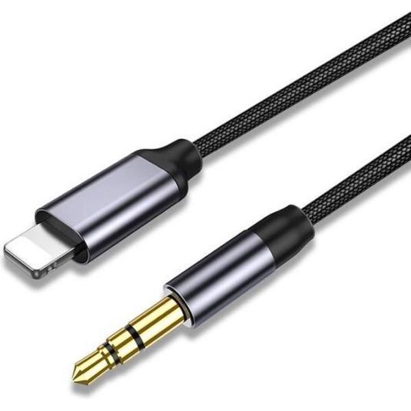Aux Kabel auto Lightning naar Headphone 3.5mm Jack Audio Aux Kabel – iPhone Auto Kabel - 1 Meter Geweven Kabel – Verguld – Zwart/Antraciet