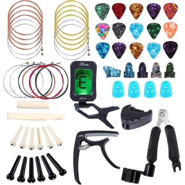Gitaar accessoires - Plectrum - Plectrumhouder - Capo - Stemapparaat - Snaren - Vingerhoedjes - Vingerbescherming - Snaarwinder - Gitaar Onderhoudsset - Brugpin - Brugpin verwijderaar - Allerlei accessoires voor gitaren - Gitaarset