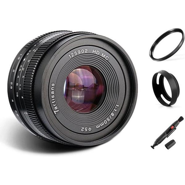 7artisans 50mm F1.8 manual focus lens Olympus Panasonic systeem camera + Gratis lenspen + 52mm uv filter en zonnekap
