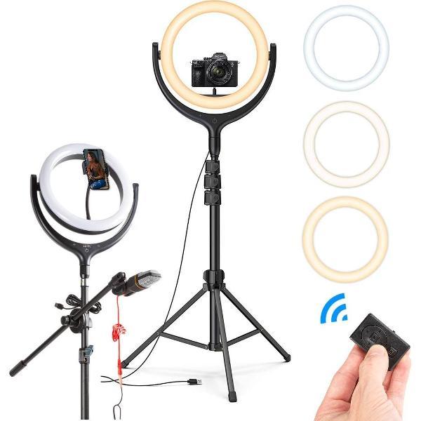 LURK® Ringlamp studio set 12 inch PRO met verstelbaar statief, microfoon en afstandsbediening - Ring Of Light 12