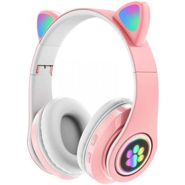 Draadloze kinder bluetooth 5.0 hoofdtelefoon cat-ear pv33 - roze