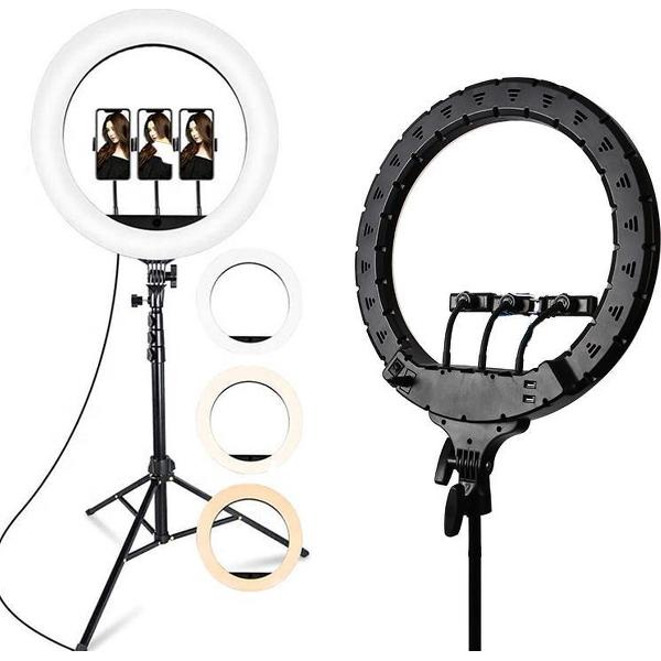 NÖRDIC RING-106 LED ringlamp met telefoonhouder - 68 tot 210 cm - Voor 3 smartphones - Zwart