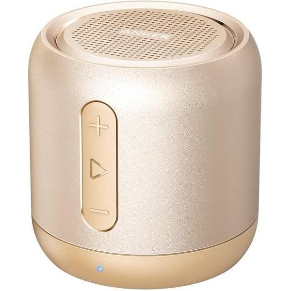 SoundCore mini Bluetooth-luidspreker, compacte luidspreker met 15 uur speeltijd, fantastisch geluid, 20 meter Bluetooth-bereik, FM-radio en intensieve bas (goud)