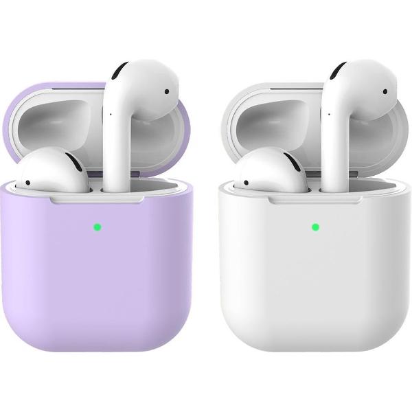 2 beschermhoesjes voor Apple Airpods - Lila & Wit - Siliconen case geschikt voor Apple Airpods 1 & 2