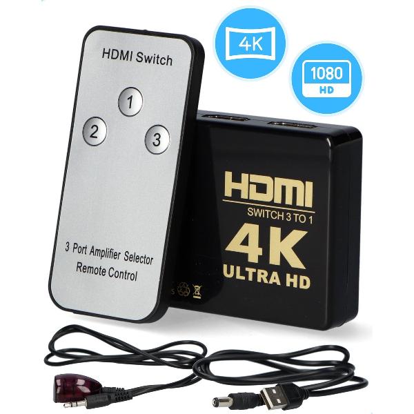 HDMI Switch met Afstandsbediening - HDMI Switch 4K - HDMI Switcher 3 naar 1 - Ultra HD - 1080P - HDMI Schakelaar met 5.0V DC Kabel