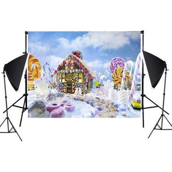 2.1mx 1.5m Candy House Lollipop 3D Kinderverjaardagsfeestje Fotografie Achtergronddoek
