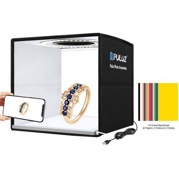 PULUZ 25cm opvouwbare draagbare ring LED-fotoverlichting Studio-tentdoos + schaduwloze lichtlamp Paneelpad met 12 kleurenachtergronden, afmeting: 25cm x 25cm x 25cm (zwart)