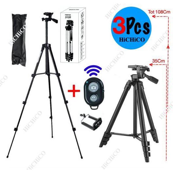 3x Camerastatief, Smartphone Statief, 3Pcs Smartphone Tripod Voor Fotocamera en Smartphone - iPhone - Canon – Nikon - Spiegelreflexcamera Inclusief Bluetooth Remote Shutter en Waterpas, HiCHiCO Model 3120 108Cm Zwart