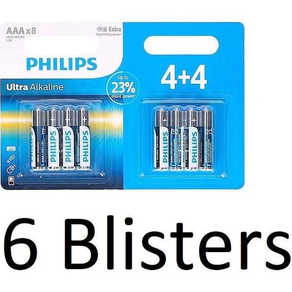 48 Stuks (6 Blisters a 8 st) Philips Ultra Alkaline Lr03/aaa Batterijen 4+4