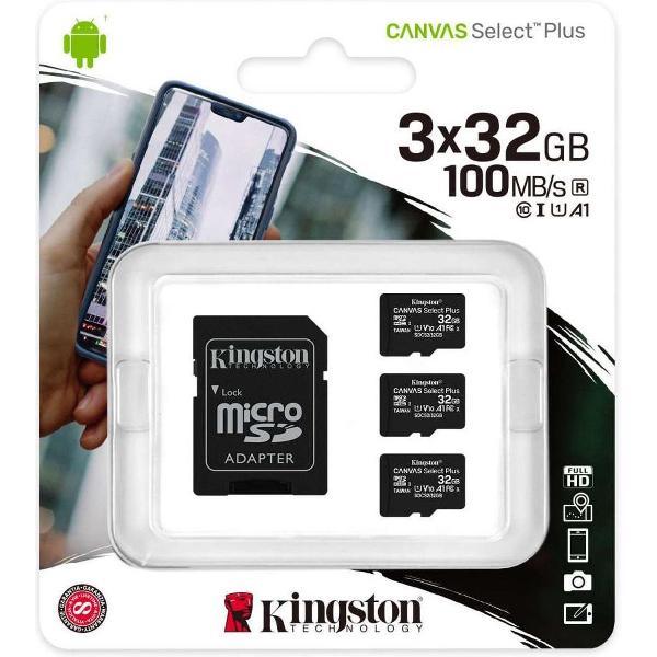 Kingston Canvas Select Plus microSD Card 10 UHS-I - 32GB - SD adapter - 3 Stuks