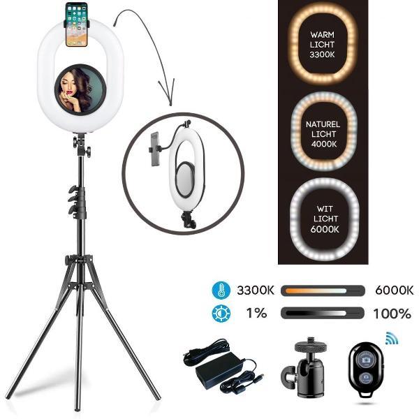LURK® Ringlamp Ring Of Light Oval Excellence - Professionele LED ringlamp set compleet met statief en touch screen spiegel - Ring Lamp traploos dimbaar 3300 tot 6000K – fotostudio en beauty licht – Voor camera en smartphone