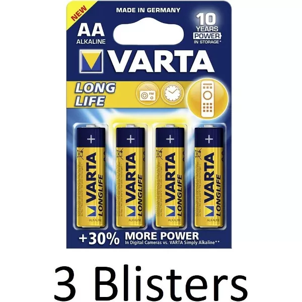 12 Stuks (3 Blisters a 4 st) Varta Longlife Mignon AA Batterij