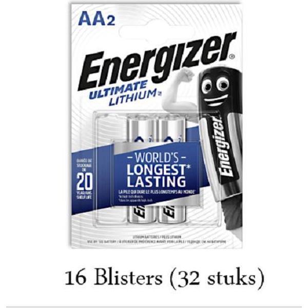 32 stuks (16 blisters a 2 stuks) Energizer Lithium AA/L91 1.5v