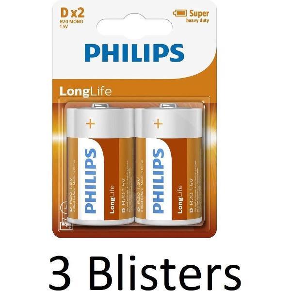 6 Stuks (3 Blisters a 2 st) Philips Longlife Zinc D Batterijen