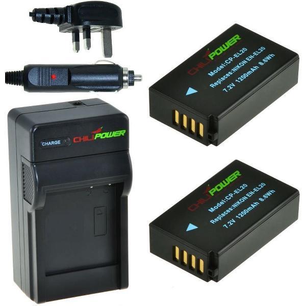 ChiliPower 2 x EN-EL20 accu's voor Nikon - Charger Kit + car-charger - UK versie
