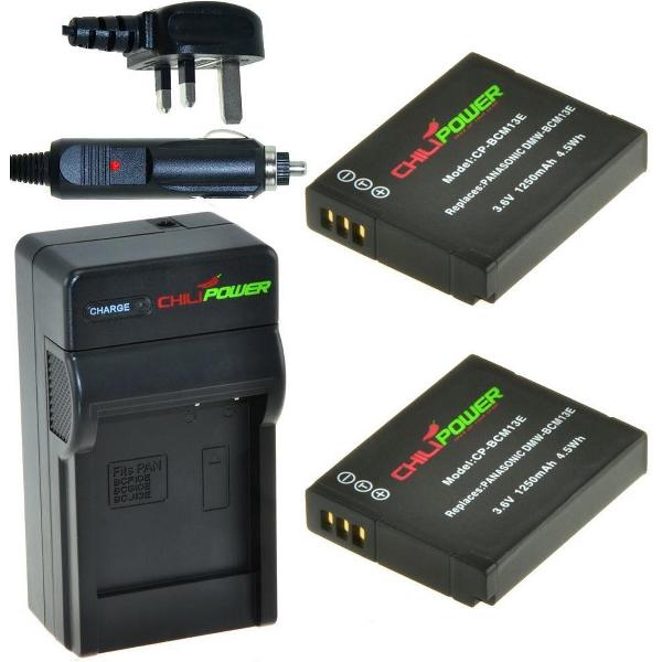 ChiliPower 2 x DMW-BCM13 accu's voor Panasonic - Charger Kit + car-charger - UK versie
