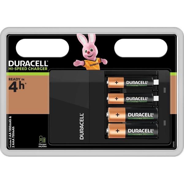 Duracell Batterijlader – Laadt op in 4 uur, inclusief 2 AA en 2 AAA batterijen