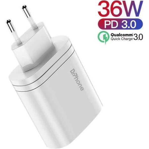 DrPhone ICON - 9V 3A Gecertificeerde Power Lader - 36W PD/AFC/Qualcomm Quick Charge - 2 Poort Stekker Oplader - USB-C + USB female - Voor o.a. Apple / Samsung / HUAWEI / SONY / LG - Tablet & Smartphone