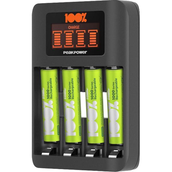 100% Peak Power batterij oplader U412 - Milieubewuste Keuze - USB batterijlader AA&AAA incl. oplaadbare batterijen NiMH batterij AAA 800 mAh