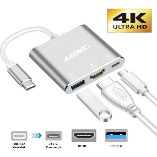 USB-C Hub, 3 in 1 Adapter | USB-C naar HDMI | Zilver | A-KONIC©