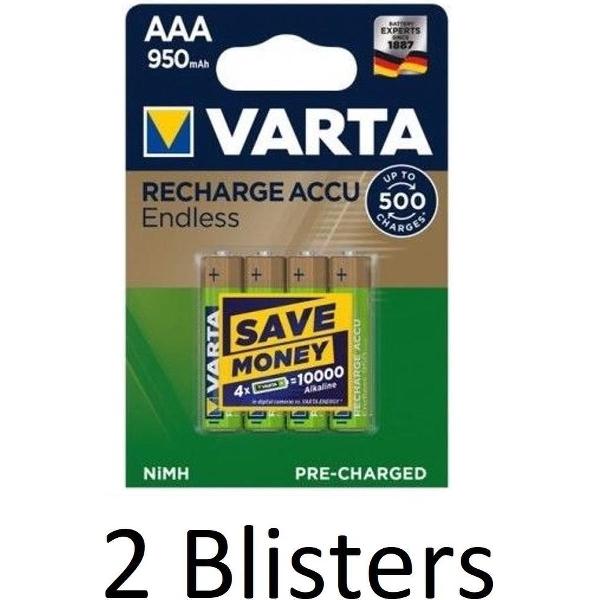 8 Stuks (2 Blisters a 4 st) Varta Recharge Accu Recycled AAA Oplaadbare Batterijen 800 mAh