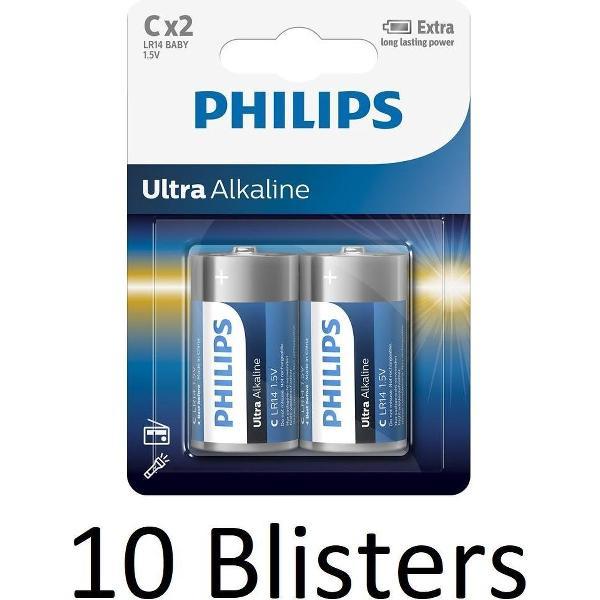 20 Stuks (10 Blisters a 2 st) Philips Ultra Alkalline C Batterijen