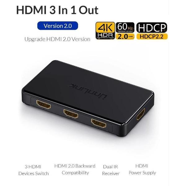 DrPhone UNN2 HDMI Switch 3 Poort - 3 x 1 HDMI 2.0 UHD4K @ 60Hz /18 Gbps - Deep Color HDR HDCP 2.2 3D 3 in 1 Uit - Auto Switch