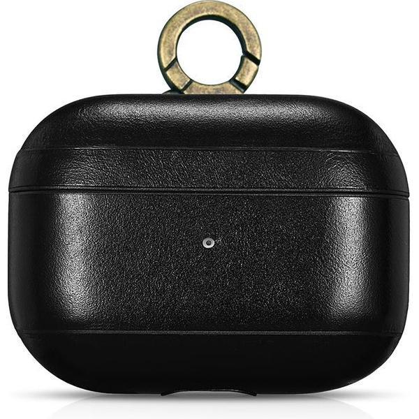 Icarer AirPods Pro Case Leer met haak hoesje voor Apple AirPods Pro lederen bescherm Etui Zwart