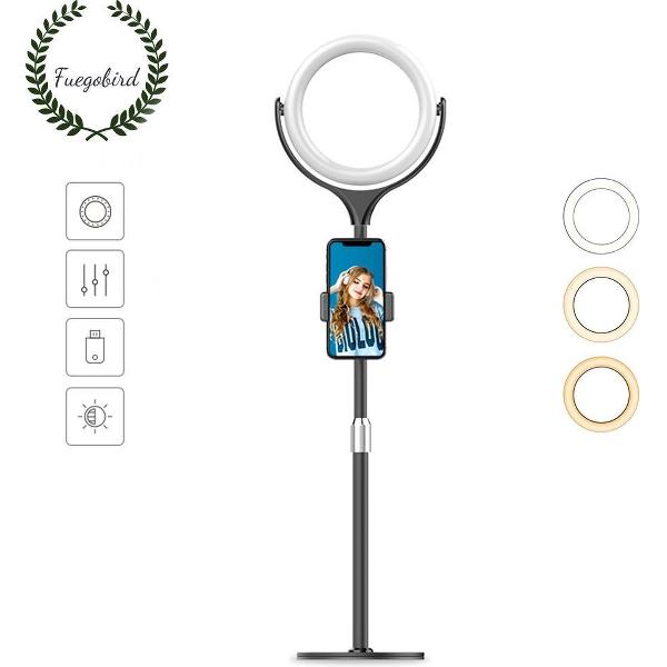 Fuegobird Bureaublad Schoonheid Ringlamp - 20cm - 40 cm hoog（verstelbaar） - USB - TikTok - Ringlight - flitser - Ring lamp - Vlog - Make-up light - Studiolamp (Zwart)