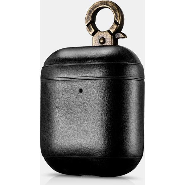 iCarer - Leren Etui voor Apple AirPods met Haak - Zwart