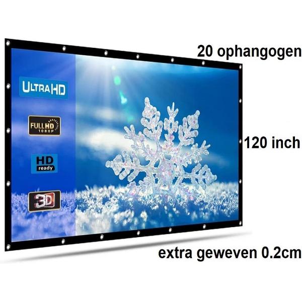 Beamer scherm projectiescherm 120 inch 16:9, dichter geweven >> 560 gram met 20 ophangogen, beamerscherm doek incl ophanghaken