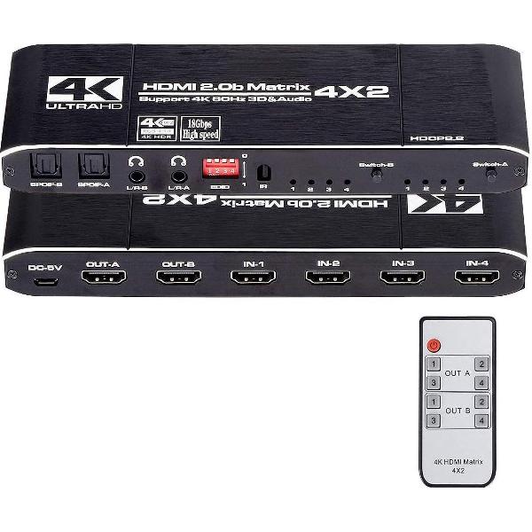 DrPhone HMS HDMI Matrix Switch - 4x2 - 4K @ 60Hz HDMI Splitter 4 in 2 Out met EDID Extractor en IR Ondersteuning 4K HDR, HDMI 2.0b, HDCP 2.2