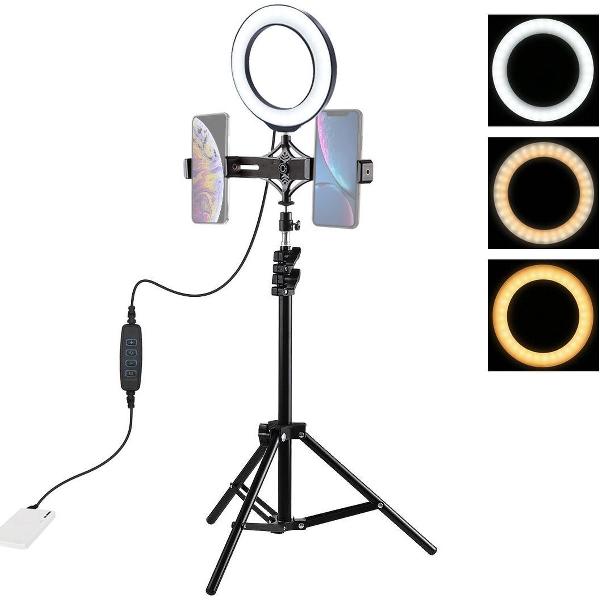 PULUZ 1,1 m statiefbevestiging + Live Broadcast Dual Phone Bracket + 6,2 inch 16 cm LED Ring Vlogging Video Light Kits