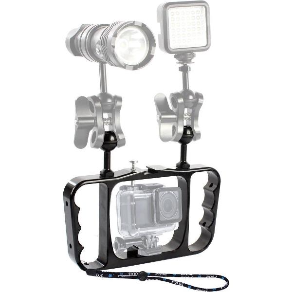 PULUZ Dual Handheld Diving Light Arm CNC Aluminium Mount met draagkoord voor DJI Osmo Action, GoPro NEW HERO / HERO7 / 6/5/5 Session / 4 Session / 4/3 + / 3/2/1, Xiaoyi en andere actiecamera's (zwart )