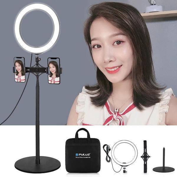 PULUZ 140 cm ronde basis Desktopmontage + Live Broadcast Dual Phone Bracket + 10,2 inch 26 cm LED-ring Vlogging videolampkits met koude schoen Statief Balhoofd