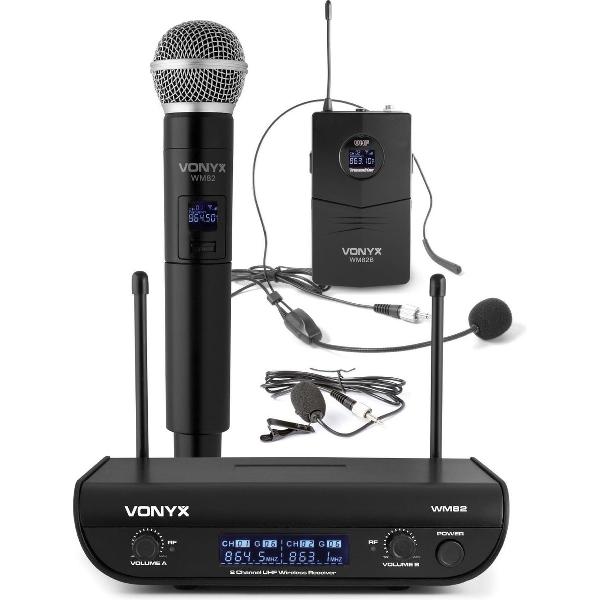 Draadloze microfoon - Vonyx WM82C UHF draadloze microfoonset met handheld en headset microfoon
