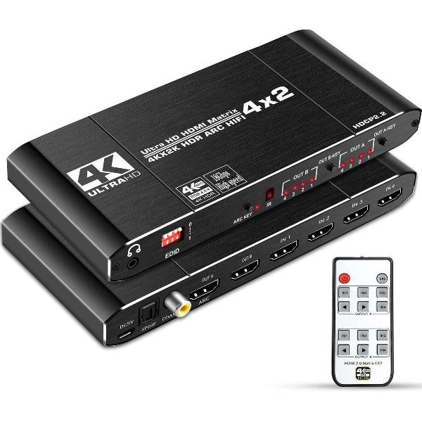 NÖRDIC SGM-156 HDMI switch 4 naar 2 Audio Extractor en ARC, 4K 2K in 60Hz, 18Gbps, Zwart