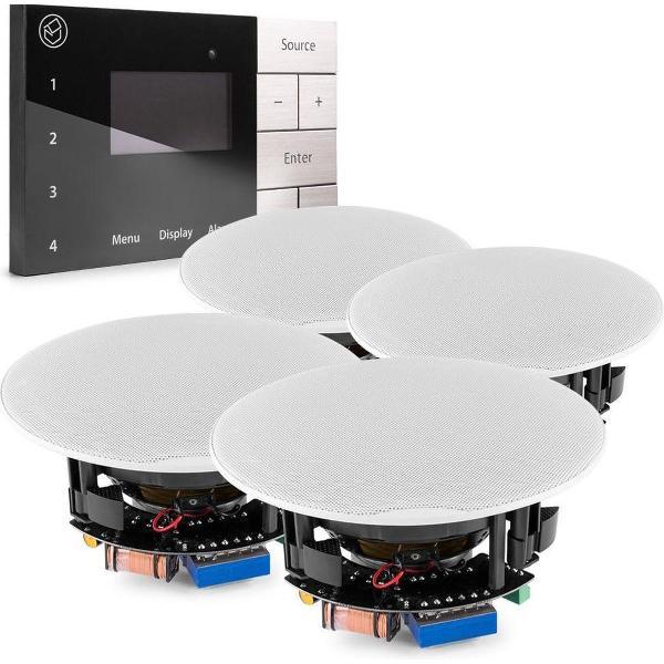 Inbouw stereo set met DAB radio met Bluetooth en 4 plafondspeakers - Systemline E100, compleet in te bouwen stereo set voor keuken, kantoor, etc.