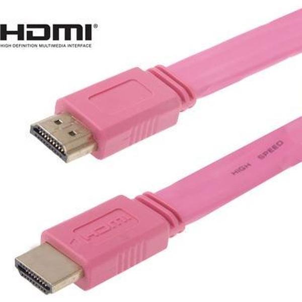 1.5m vergulde HDMI naar HDMI 19Pin platte kabel, 1.4 versie, ondersteuning voor HD TV / XBOX 360 / PS3 / projector / dvd-speler enz. (Roze)