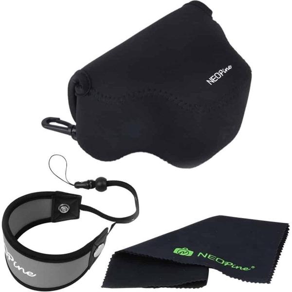 NEOpine Neopreen Soft Triangle cameratas + polsriem + reinigingsdoekenset voor Samsung NX3000 camera 20-50mm lens (zwart)