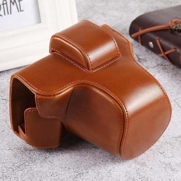 Oil Skin PU lederen camera Full Body tas met riem voor Olympus EM10 III (bruin)