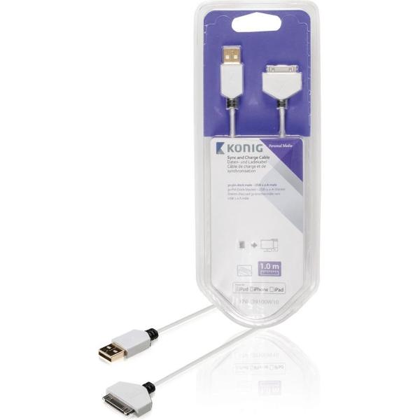 König KNM39100W10 Sync And Charge Kabel 30-pins Dock Male - Usb 2.0 A Male 1,00 M Wit
