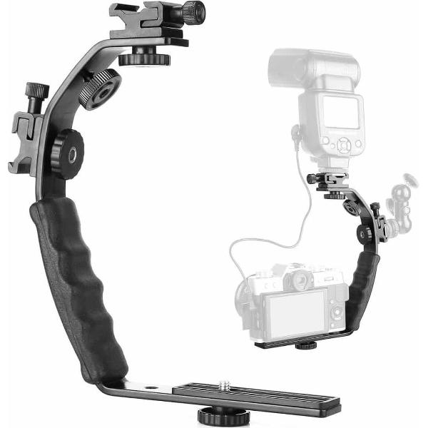 L-vormige aluminium flitsbeugel camerahouder (zwart)