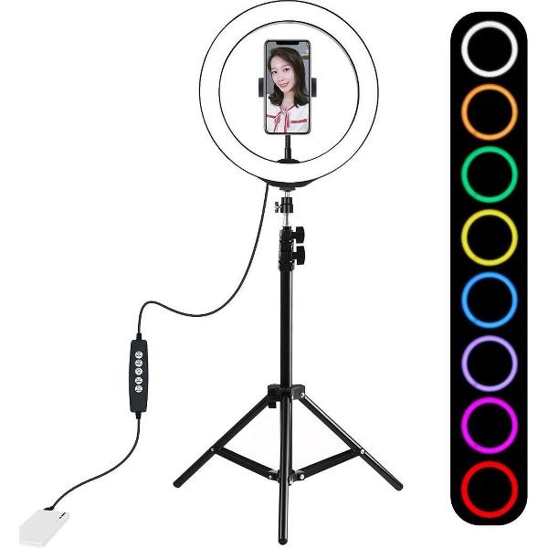 PULUZ 1,1 m statiefbevestiging + 10 inch 26 cm RGBW LED-ring vloggen videolamp Live uitzendingskits met koude schoen Statief Balhoofd en telefoonklem