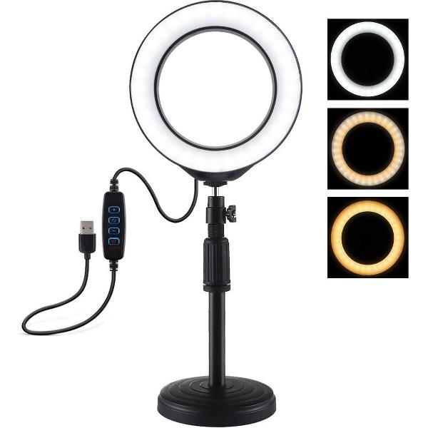 PULUZ Desktop-houder met ronde voet + 6,2 inch 3 modi USB dimbare LED-ring Vlogging videolamp, hoogte verstelbaar: 18 cm-28 cm