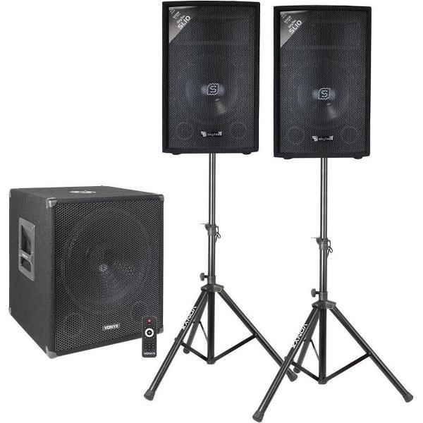 Geluidsinstallatie - Vonyx geluidsinstallatie met Bluetooth, 15 inch actieve subwoofer, twee 10 inch speakers, statieven en kabels