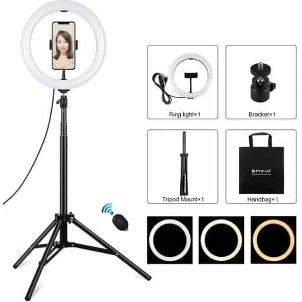 PULUZ 1,65 m statiefbevestiging + 10,2 inch 26 cm gebogen oppervlak USB 3-modi Dimbare dubbele kleurtemperatuur Ring Vlogging videolamp Live uitzendkits met telefoonklem (zwart)
